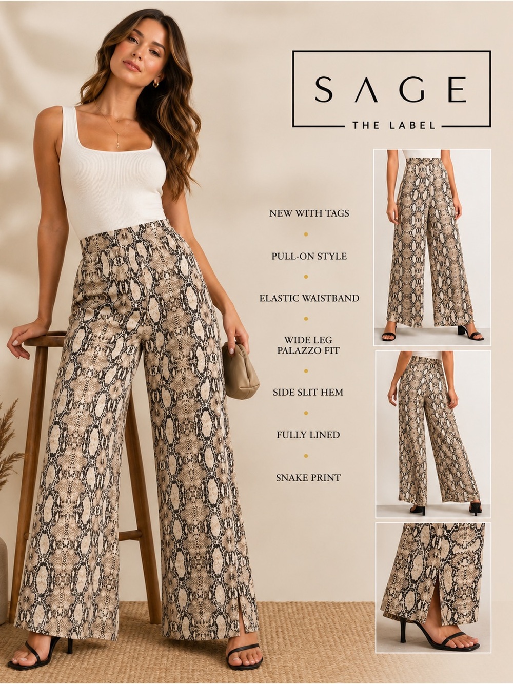 Sage The Label NWT Snake Print Wide Leg Pull On Palazzo Pants Women’s Small C3